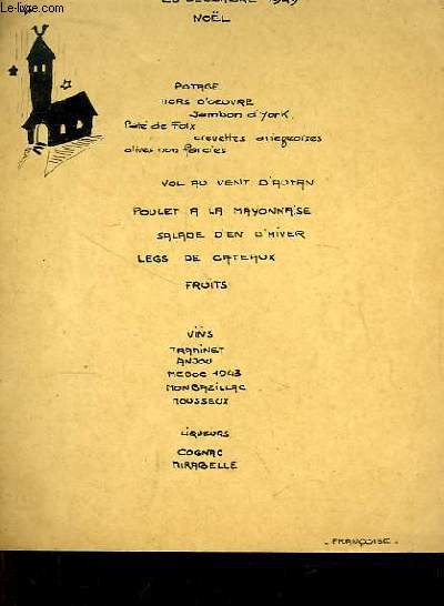 Menu manuscrit d'un repas de Nel, du 25 dcembre 1949.