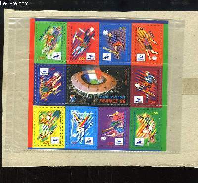 Une planche de 11 timbres-poste non-oblitrs, de chaque stade de la Coupe du Monde de Football 1998, en France.