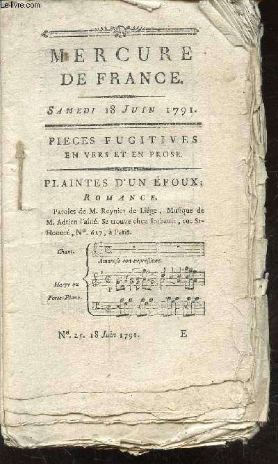 MERCURE DE FRANCE - SAMEDI 18 JUIN 1791 - PIECES FUGITIVES EN VERS ET PROSES - PLAINTES D'UN EPOUX -