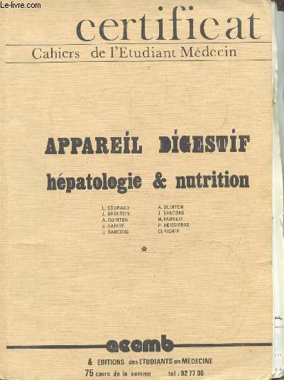 CERTIFICAT - CAHIERS DE L'ETUDIANT - APPAREIL DIGESTIF - HEPATOLOGIE ET NUTRITION