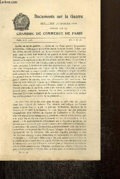Documents sur la Guerre, n18 (aot 1915) : Aprs un an de guerre / L'Allemagne et les petits Etats / L'Allemagne et le commerce des munitions /...