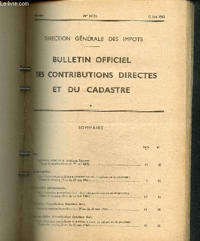 Bulletin Officiel des Contributions Directes et du Cadastre, n24 bis (13 juin 1962) :
