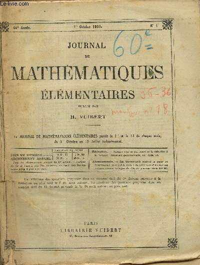 Journal de mathmatiques lmentaires, 60e anne, n1  20 (n18 manquant), du 1er octobre 1935 au 15 juillet 1936
